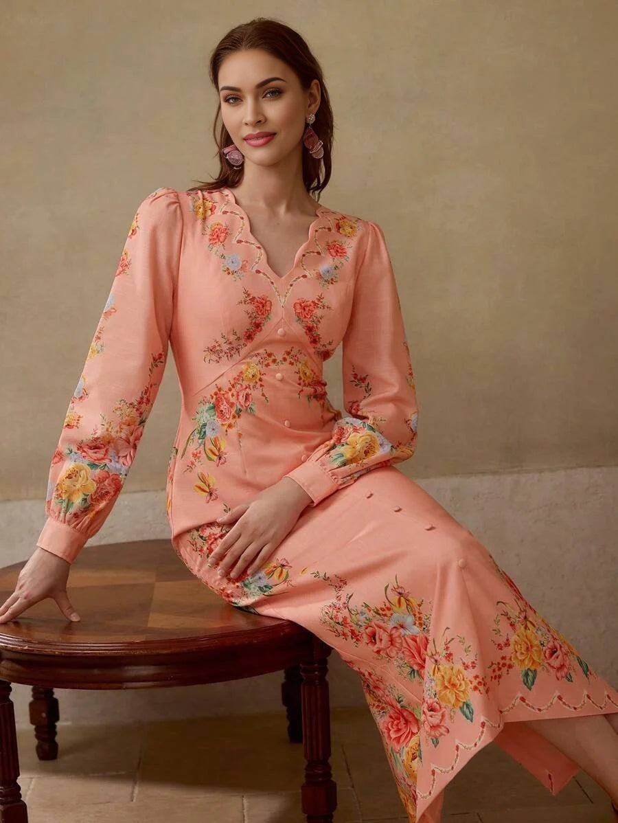 PREMIUM FLORAL PRINT VNECK ELEGANT MIDI DRESS SUITABLE FOR VACATION