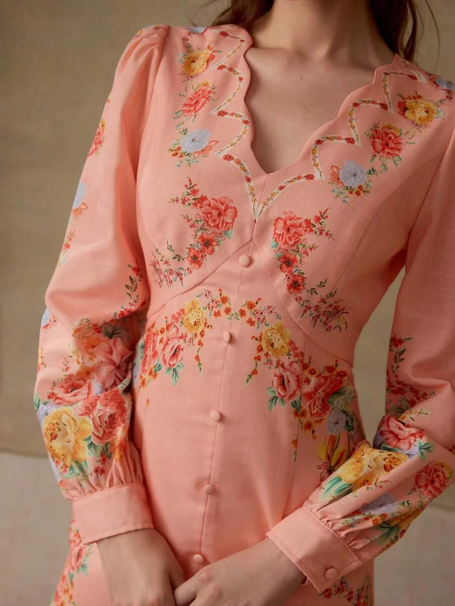 PREMIUM FLORAL PRINT VNECK ELEGANT MIDI DRESS SUITABLE FOR VACATION