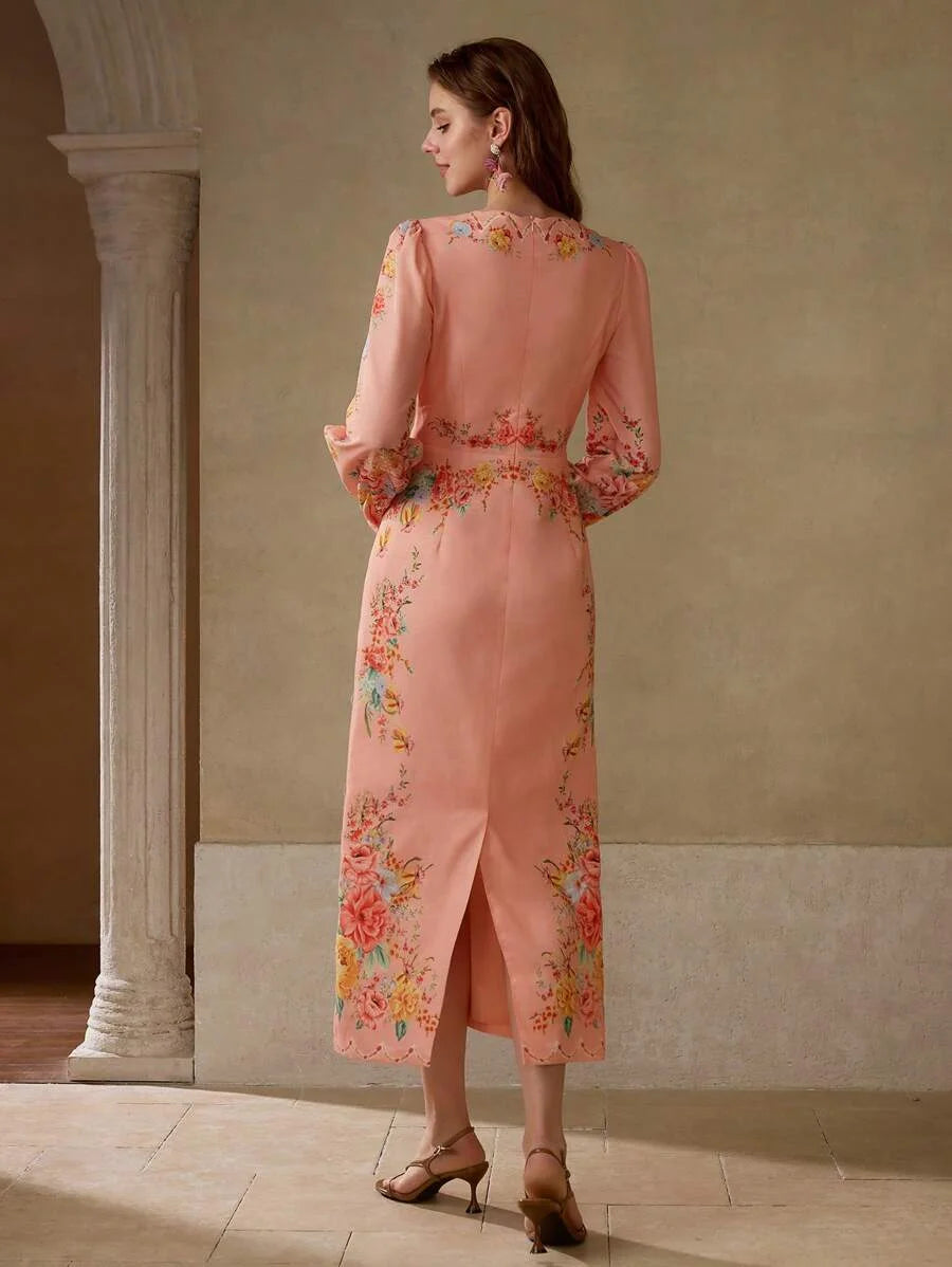 PREMIUM FLORAL PRINT VNECK ELEGANT MIDI DRESS SUITABLE FOR VACATION
