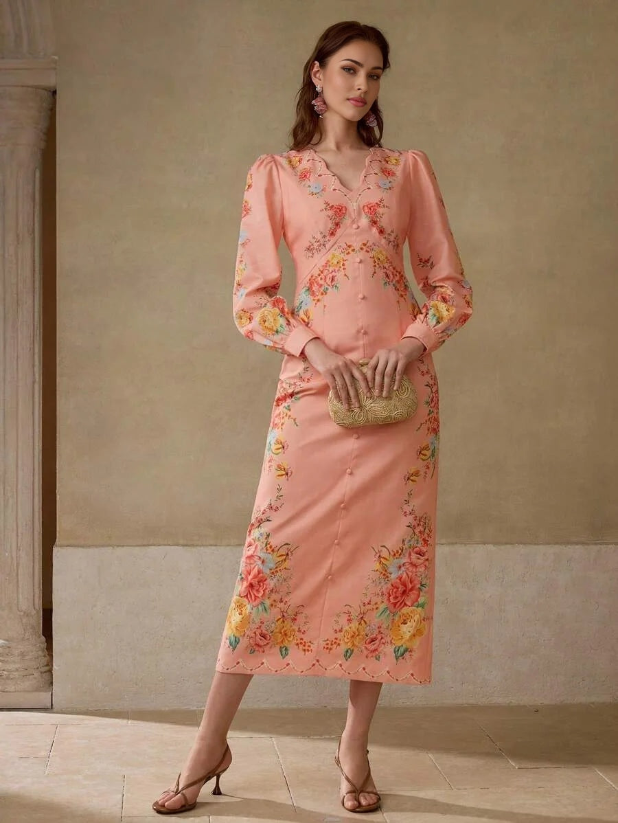 PREMIUM FLORAL PRINT VNECK ELEGANT MIDI DRESS SUITABLE FOR VACATION