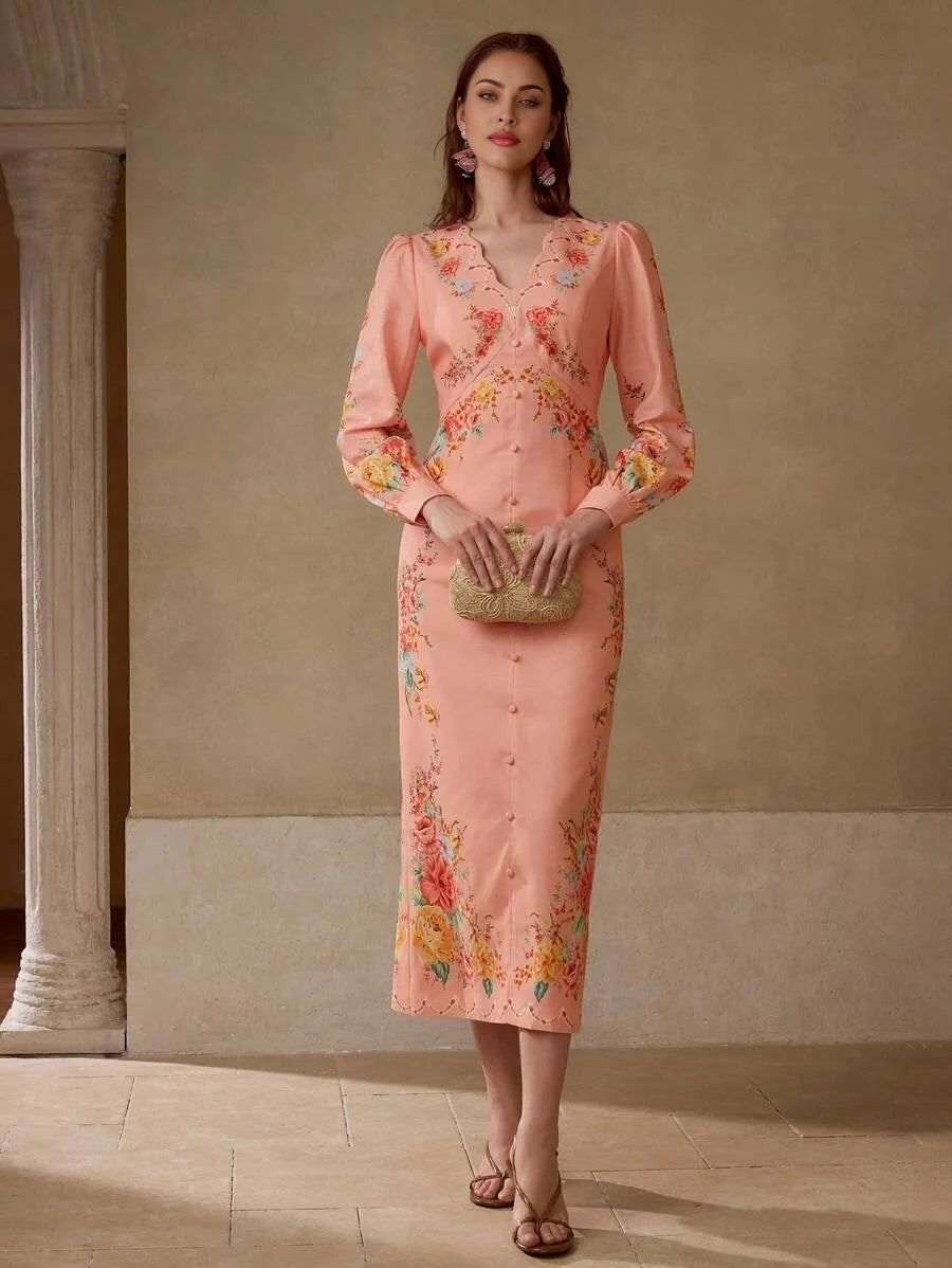 PREMIUM FLORAL PRINT VNECK ELEGANT MIDI DRESS SUITABLE FOR VACATION