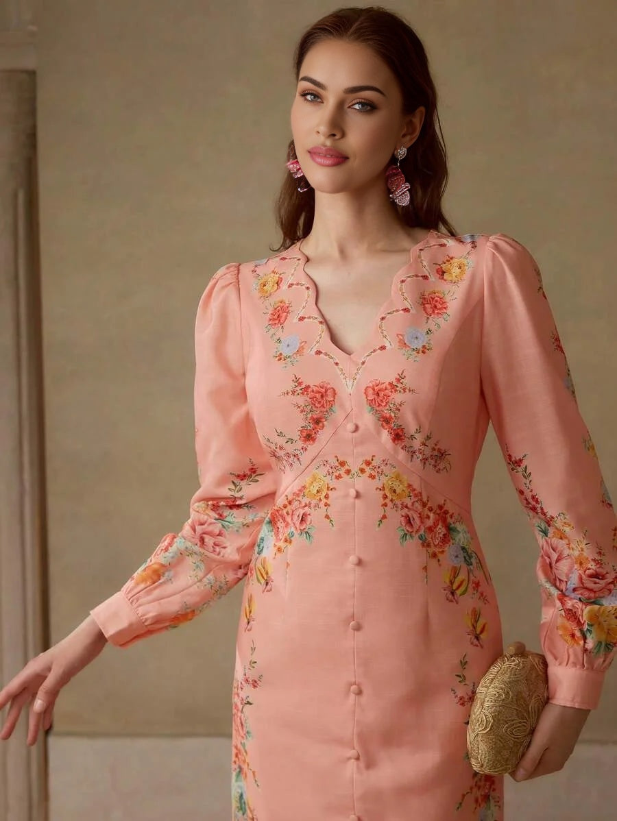 PREMIUM FLORAL PRINT VNECK ELEGANT MIDI DRESS SUITABLE FOR VACATION