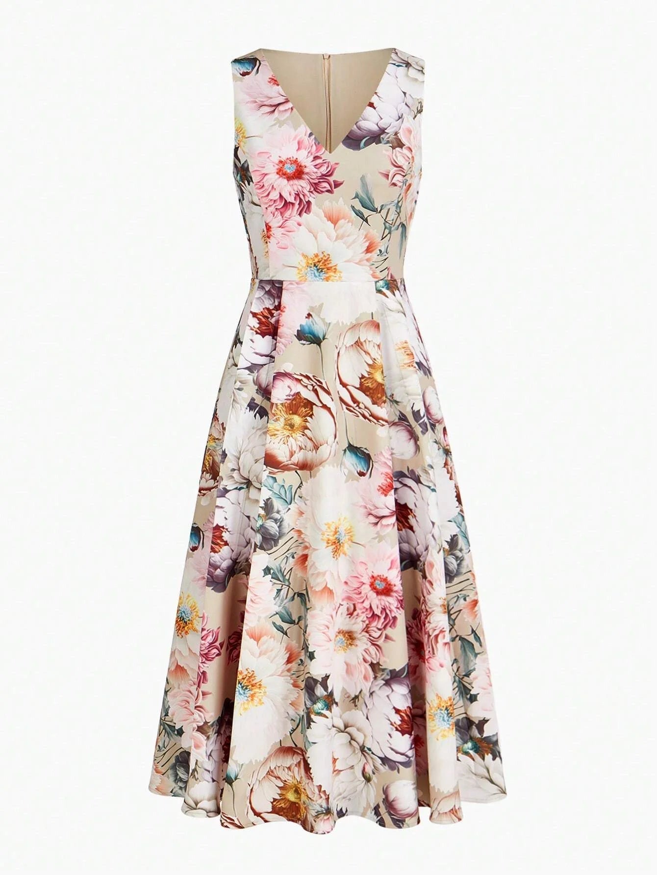 PREMIUM FLORAL PRINT VNECK FLARE HEM MIDI DRESS WITHOUT BELT WOMEN OUTFIT