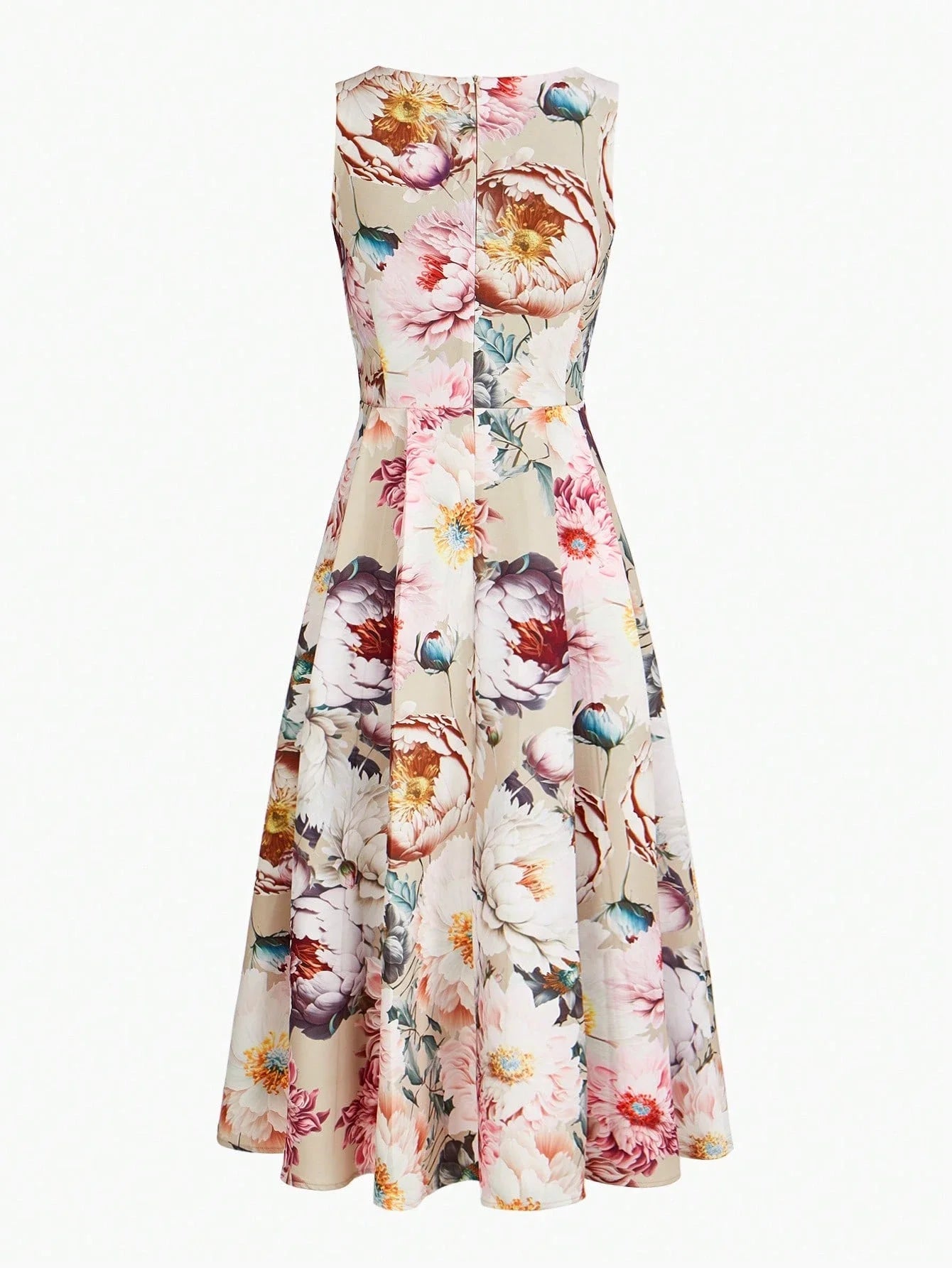 PREMIUM FLORAL PRINT VNECK FLARE HEM MIDI DRESS WITHOUT BELT WOMEN OUTFIT