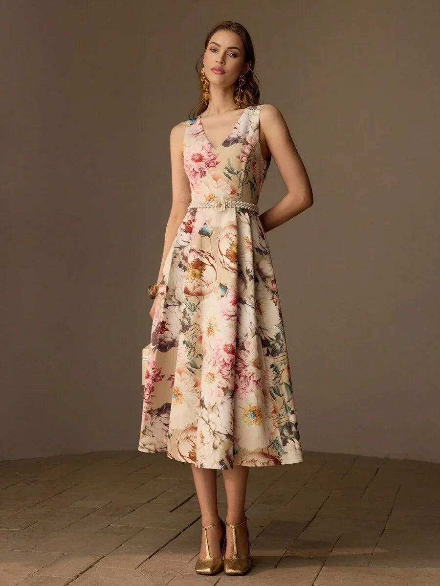 PREMIUM FLORAL PRINT VNECK FLARE HEM MIDI DRESS WITHOUT BELT WOMEN OUTFIT