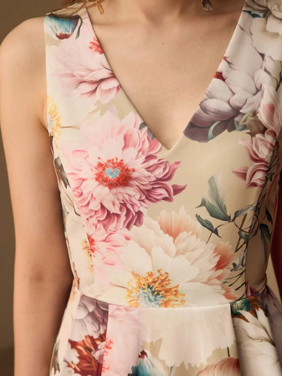 PREMIUM FLORAL PRINT VNECK FLARE HEM MIDI DRESS WITHOUT BELT WOMEN OUTFIT