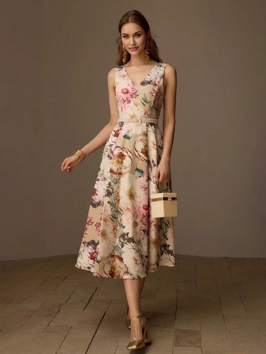 PREMIUM FLORAL PRINT VNECK FLARE HEM MIDI DRESS WITHOUT BELT WOMEN OUTFIT