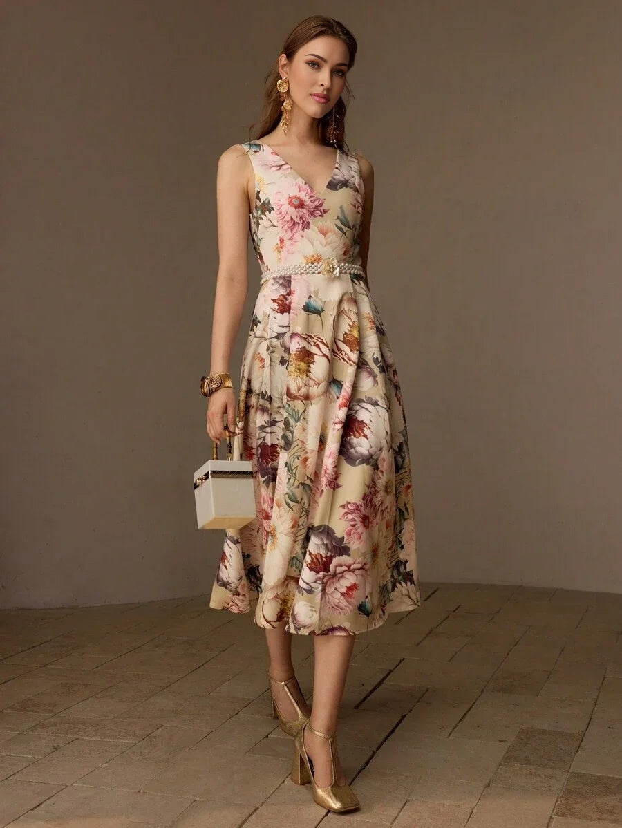 PREMIUM FLORAL PRINT VNECK FLARE HEM MIDI DRESS WITHOUT BELT WOMEN OUTFIT
