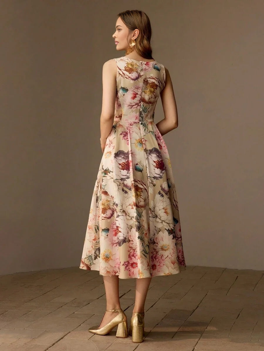 PREMIUM FLORAL PRINT VNECK FLARE HEM MIDI DRESS WITHOUT BELT WOMEN OUTFIT