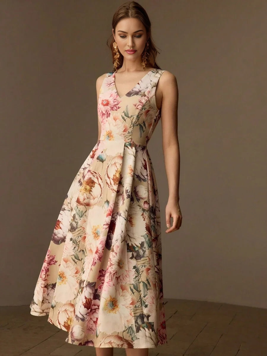 PREMIUM FLORAL PRINT VNECK FLARE HEM MIDI DRESS WITHOUT BELT WOMEN OUTFIT
