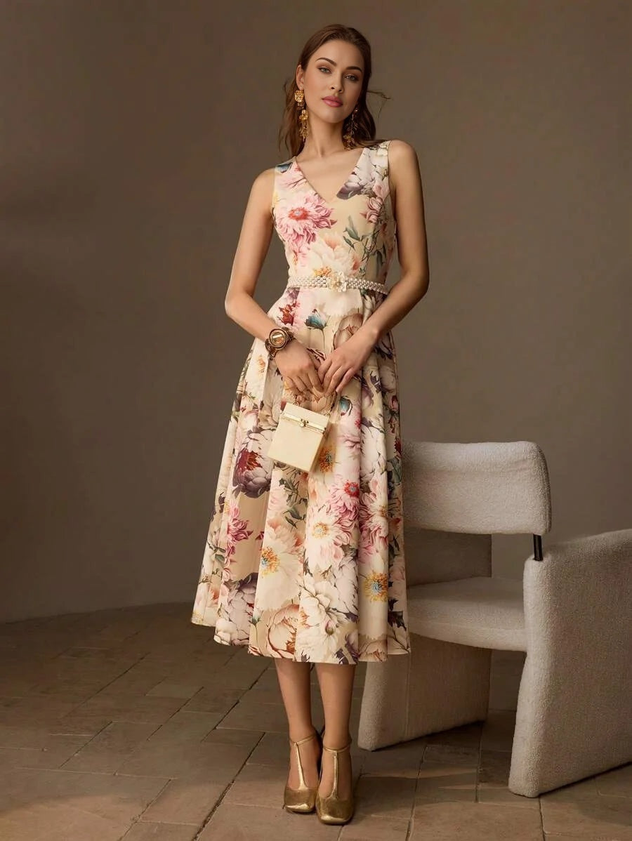 PREMIUM FLORAL PRINT VNECK FLARE HEM MIDI DRESS WITHOUT BELT WOMEN OUTFIT