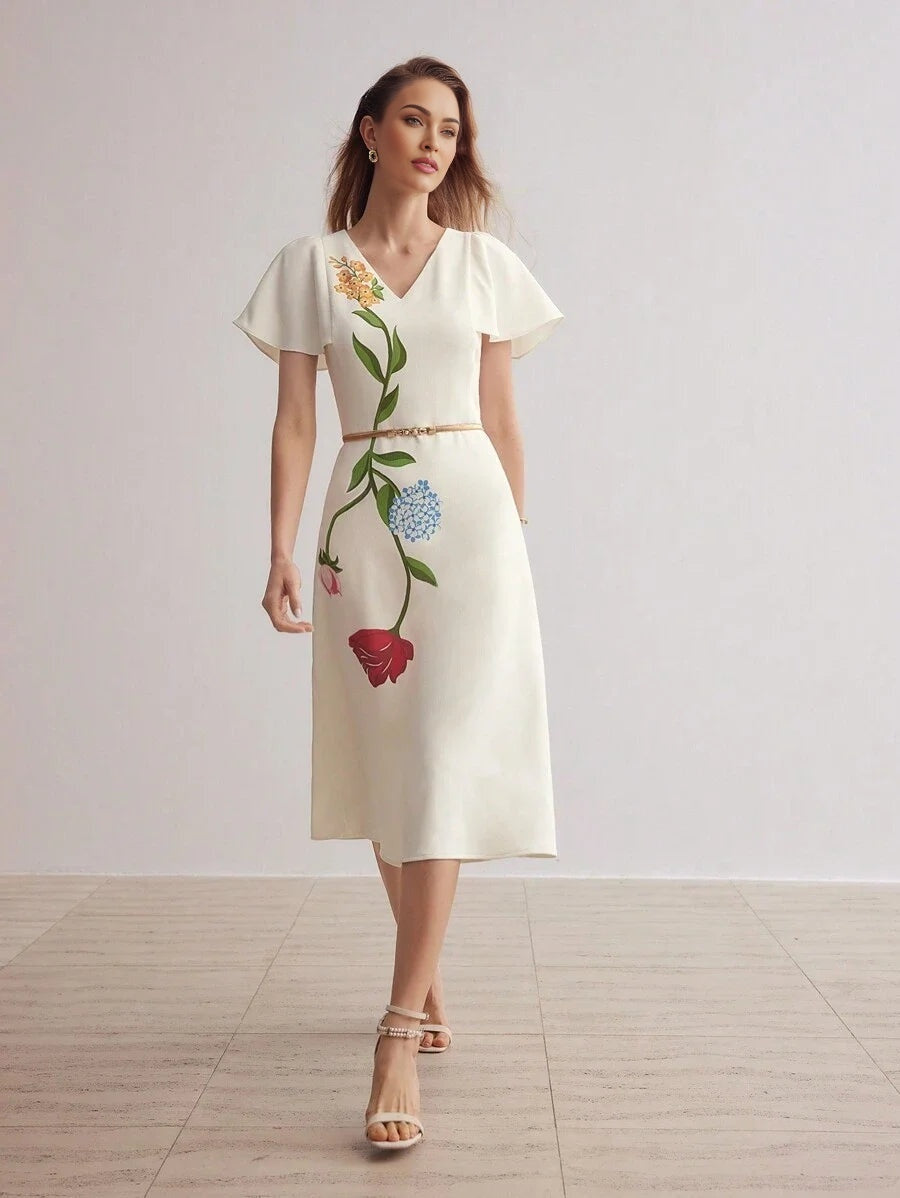 PREMIUM FLORAL PRINT VNECK FLUTTER SLEEVE DRESSSUMMER OUTFITS