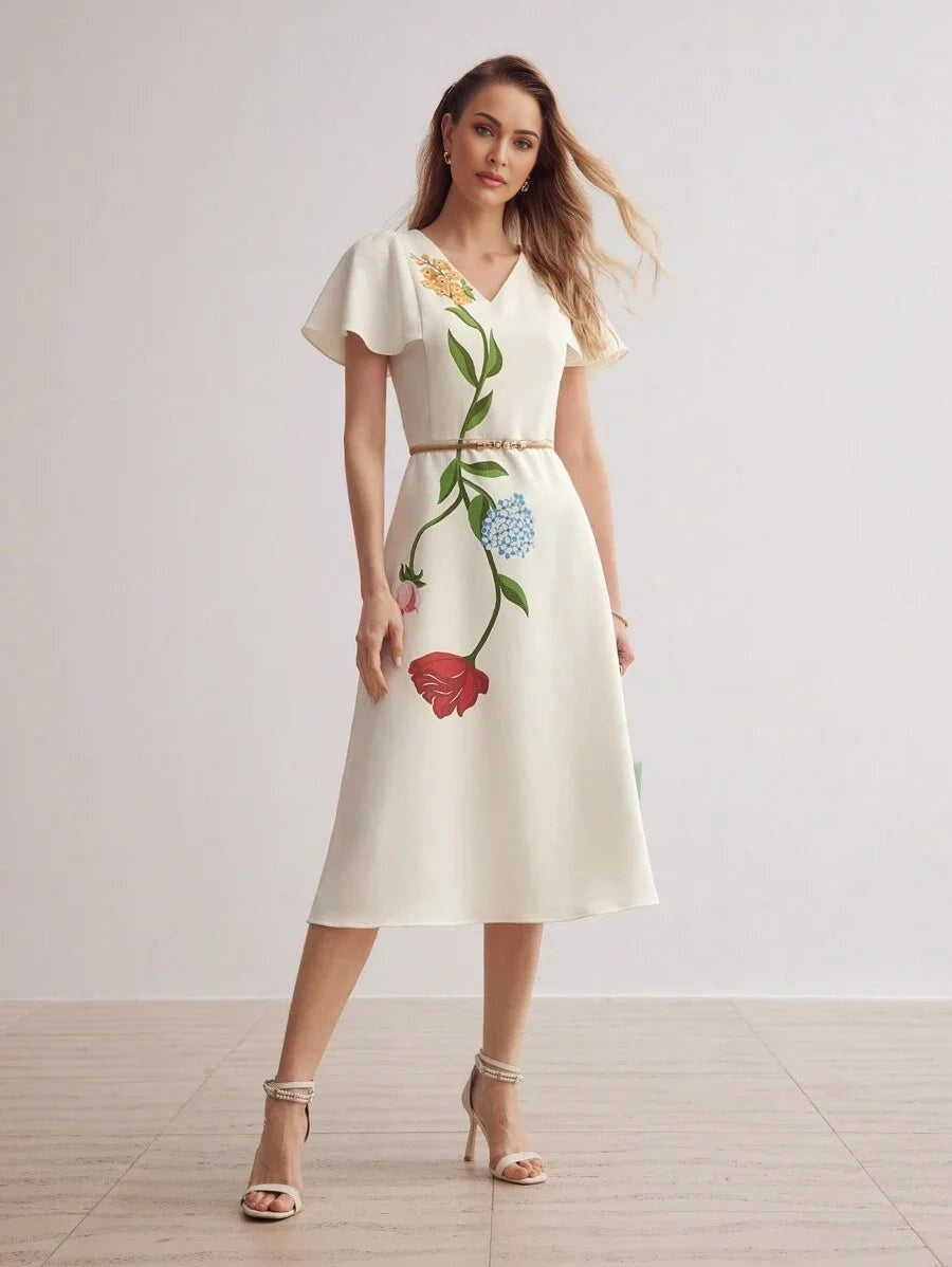 PREMIUM FLORAL PRINT VNECK FLUTTER SLEEVE DRESSSUMMER OUTFITS