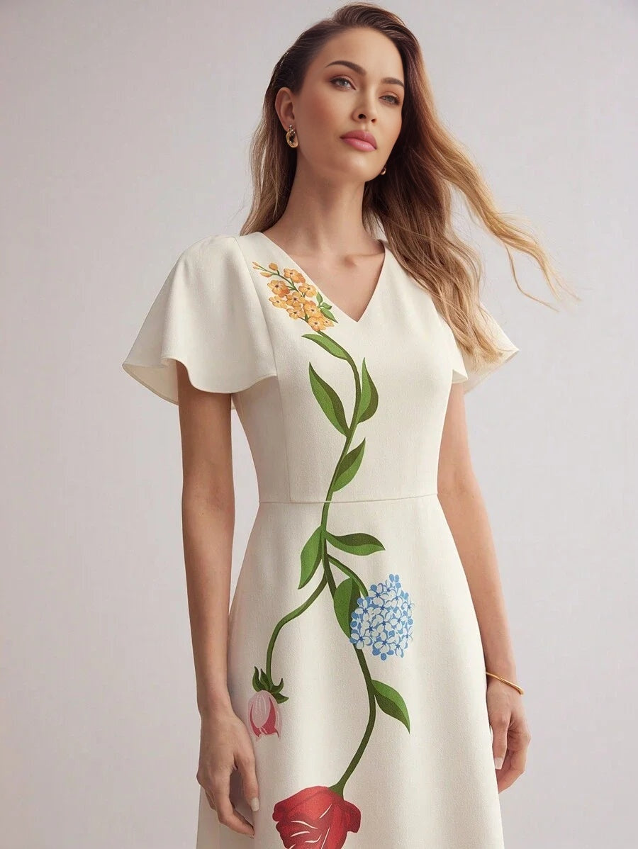 PREMIUM FLORAL PRINT VNECK FLUTTER SLEEVE DRESSSUMMER OUTFITS