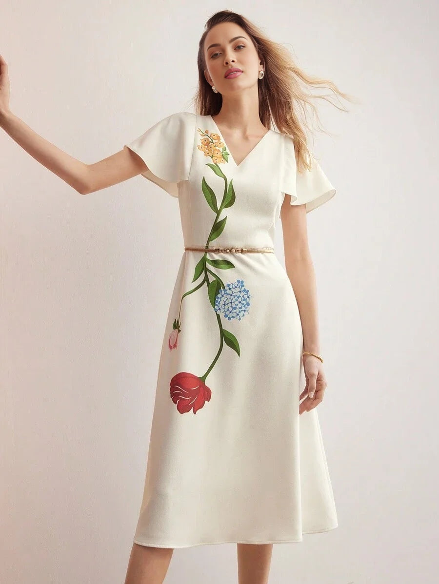 PREMIUM FLORAL PRINT VNECK FLUTTER SLEEVE DRESSSUMMER OUTFITS