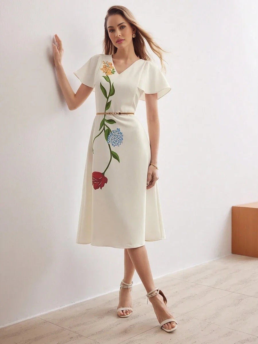 PREMIUM FLORAL PRINT VNECK FLUTTER SLEEVE DRESSSUMMER OUTFITS