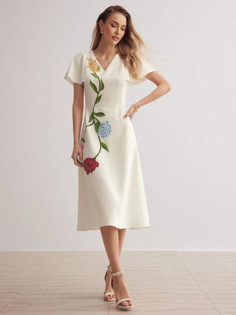 PREMIUM FLORAL PRINT VNECK FLUTTER SLEEVE DRESSSUMMER OUTFITS