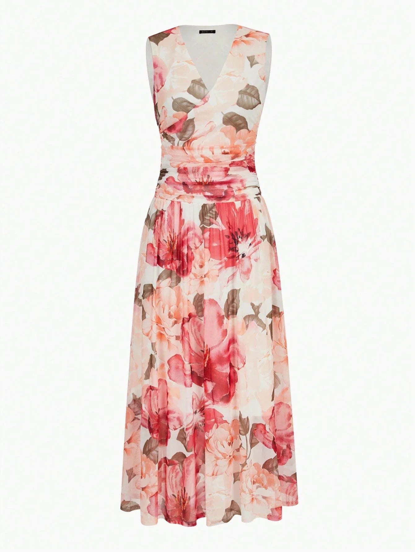 PREMIUM FLORAL PRINT VNECK RUCHED WAIST DRESS