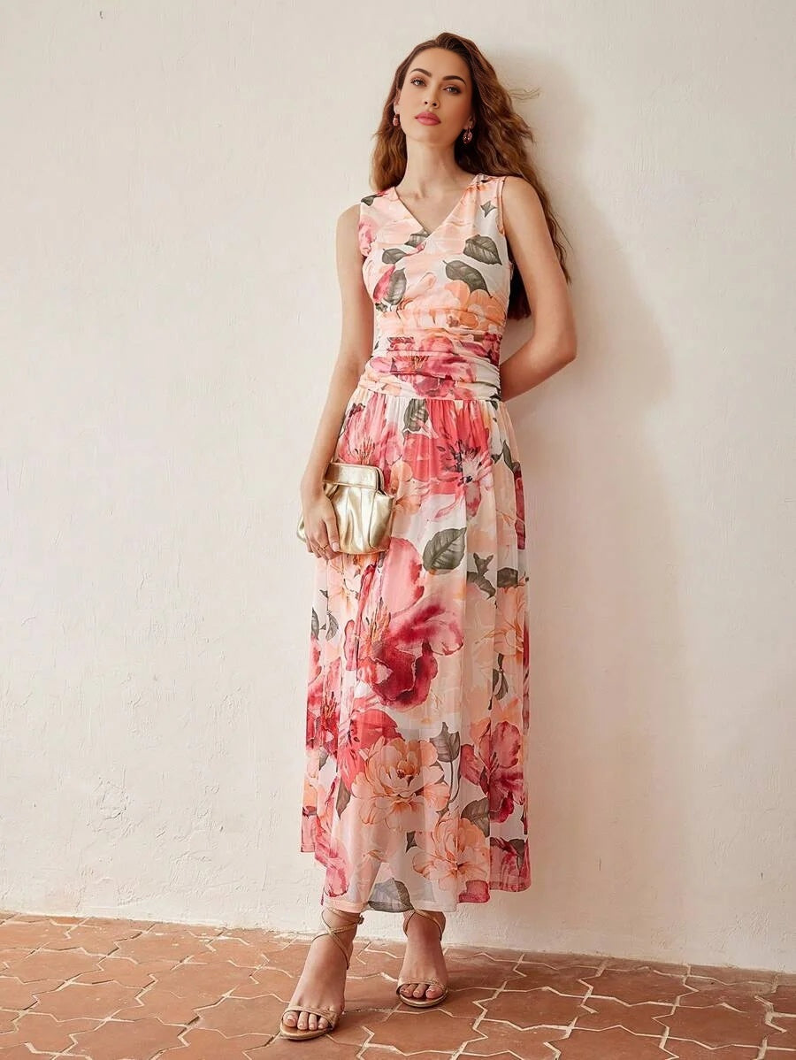 PREMIUM FLORAL PRINT VNECK RUCHED WAIST DRESS