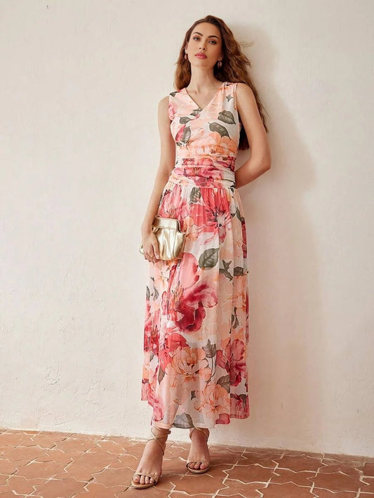 PREMIUM FLORAL PRINT VNECK RUCHED WAIST DRESS