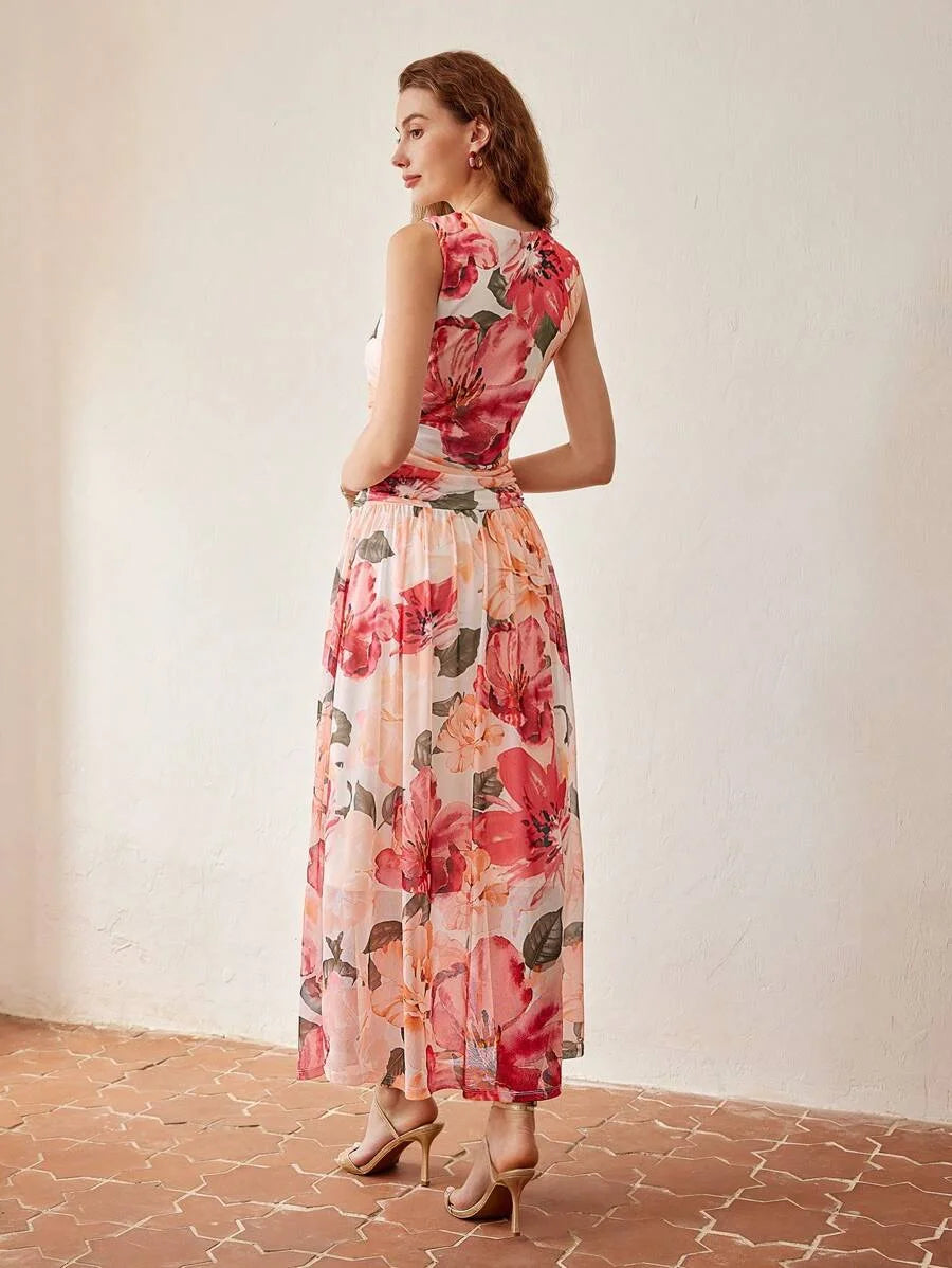 PREMIUM FLORAL PRINT VNECK RUCHED WAIST DRESS