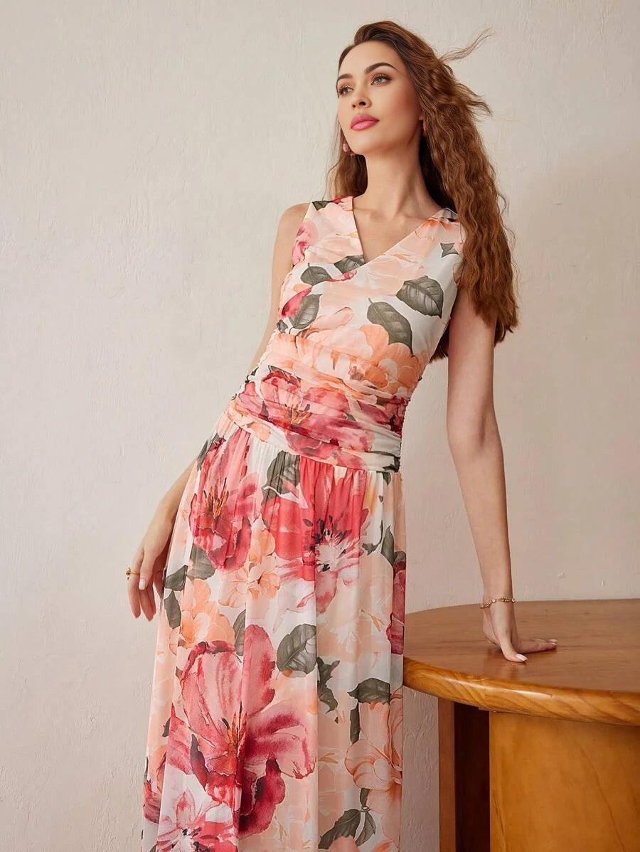 PREMIUM FLORAL PRINT VNECK RUCHED WAIST DRESS