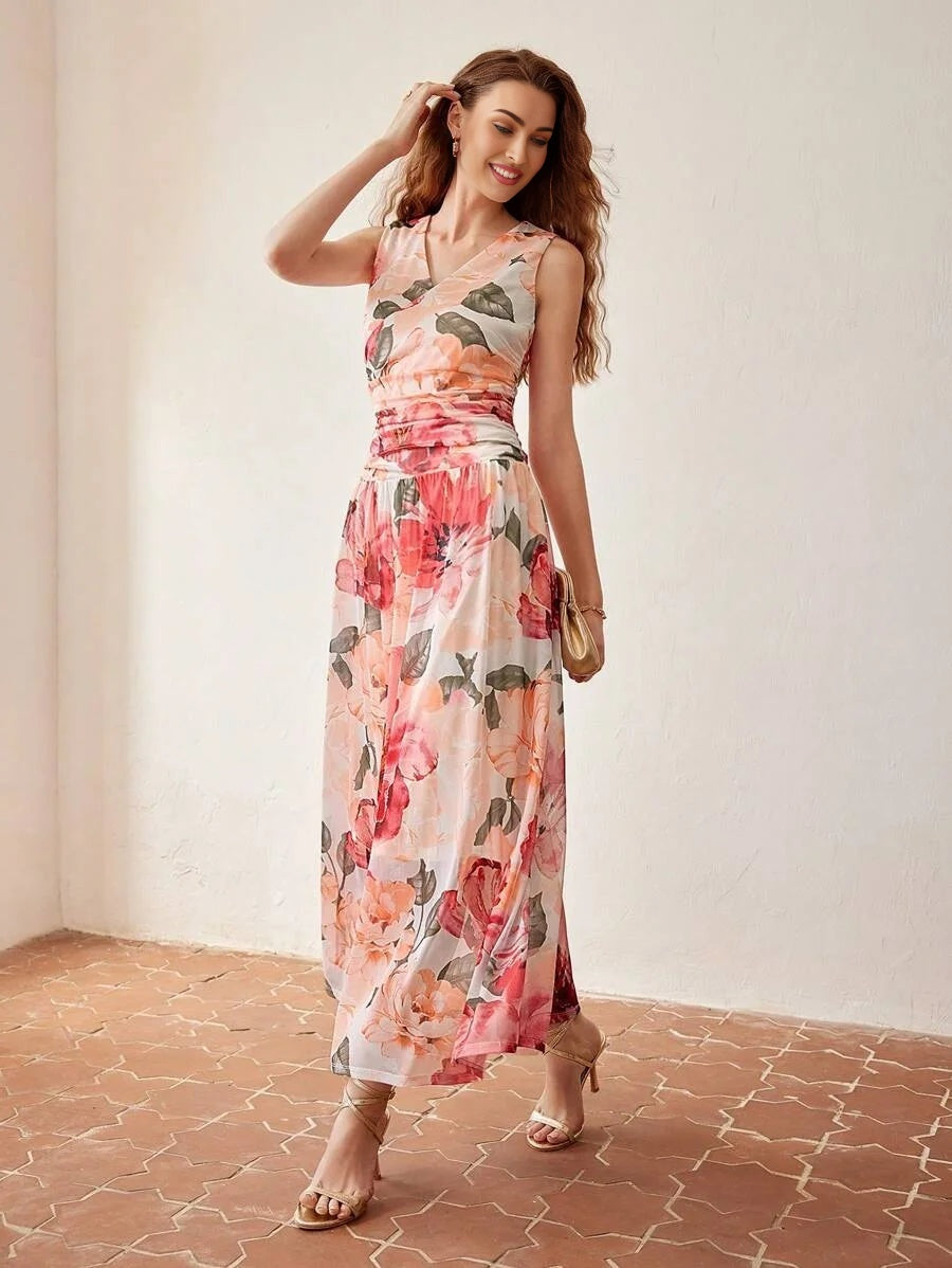PREMIUM FLORAL PRINT VNECK RUCHED WAIST DRESS