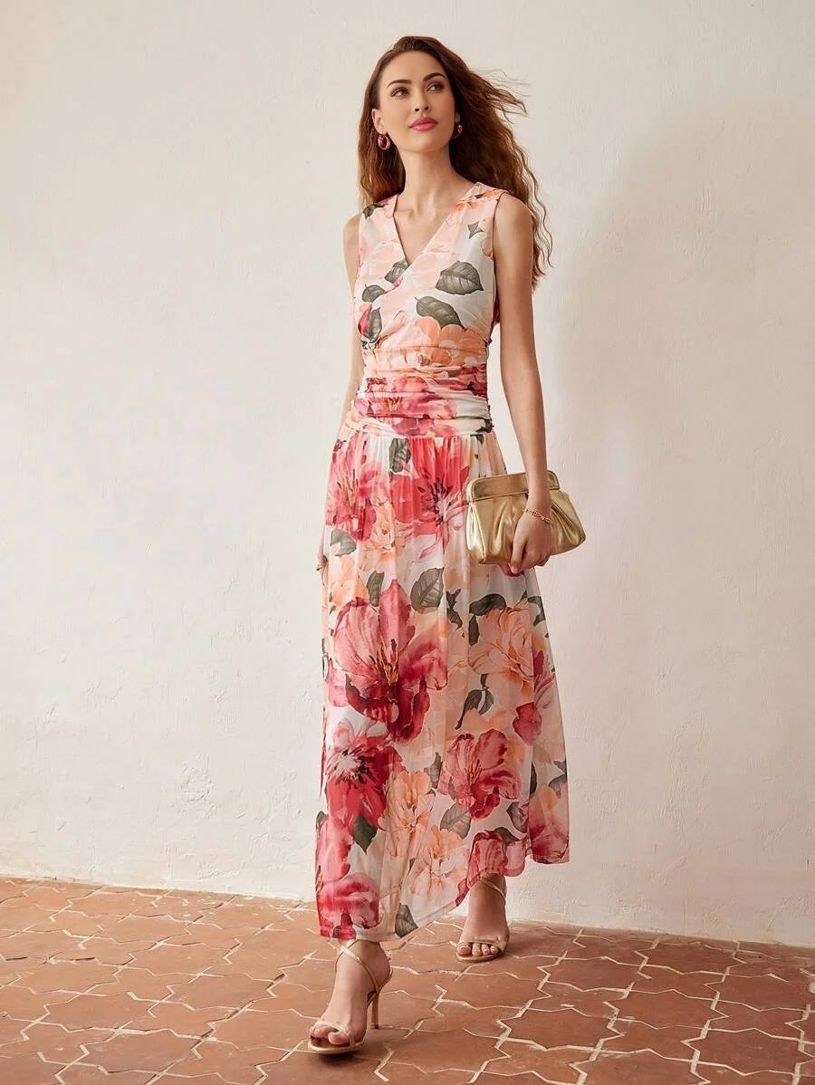 PREMIUM FLORAL PRINT VNECK RUCHED WAIST DRESS