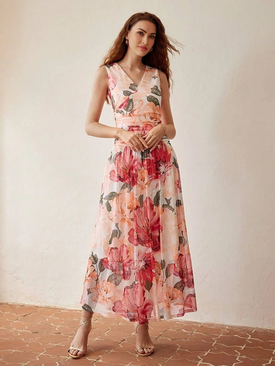 PREMIUM FLORAL PRINT VNECK RUCHED WAIST DRESS