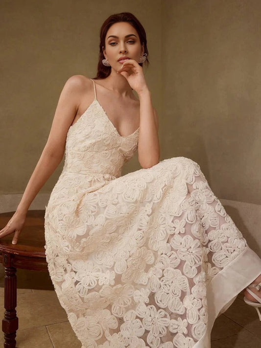 PREMIUM FLORAL TEXTURED MESH OVERLAY FLARE HEM SLIP DRESS