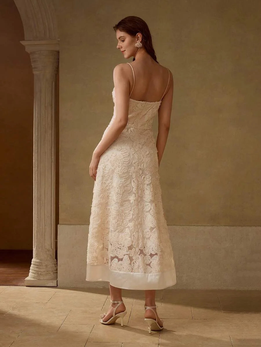 PREMIUM FLORAL TEXTURED MESH OVERLAY FLARE HEM SLIP DRESS