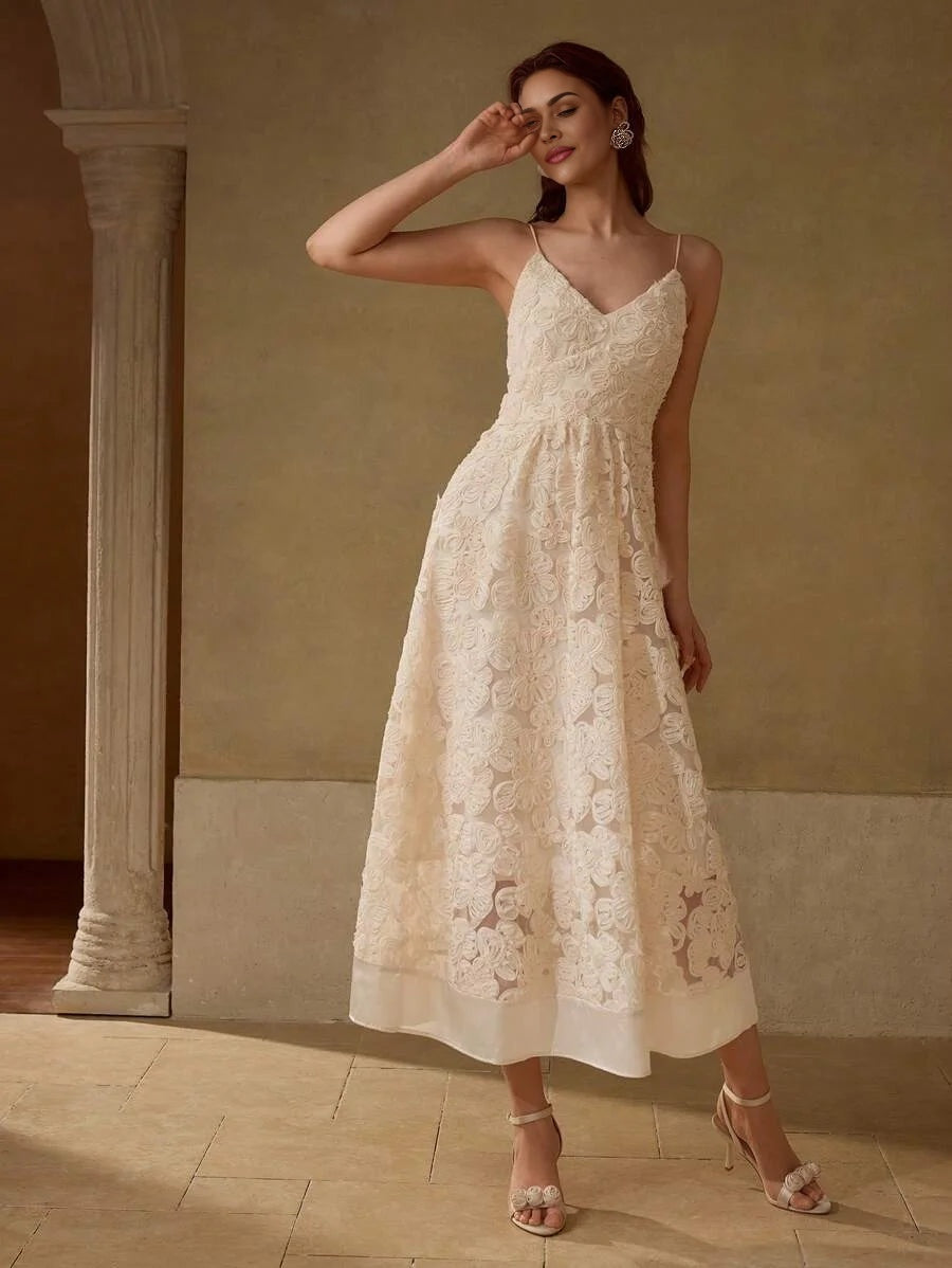 PREMIUM FLORAL TEXTURED MESH OVERLAY FLARE HEM SLIP DRESS