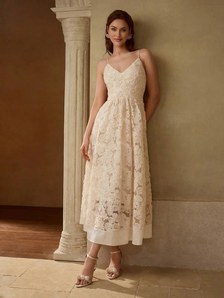 PREMIUM FLORAL TEXTURED MESH OVERLAY FLARE HEM SLIP DRESS