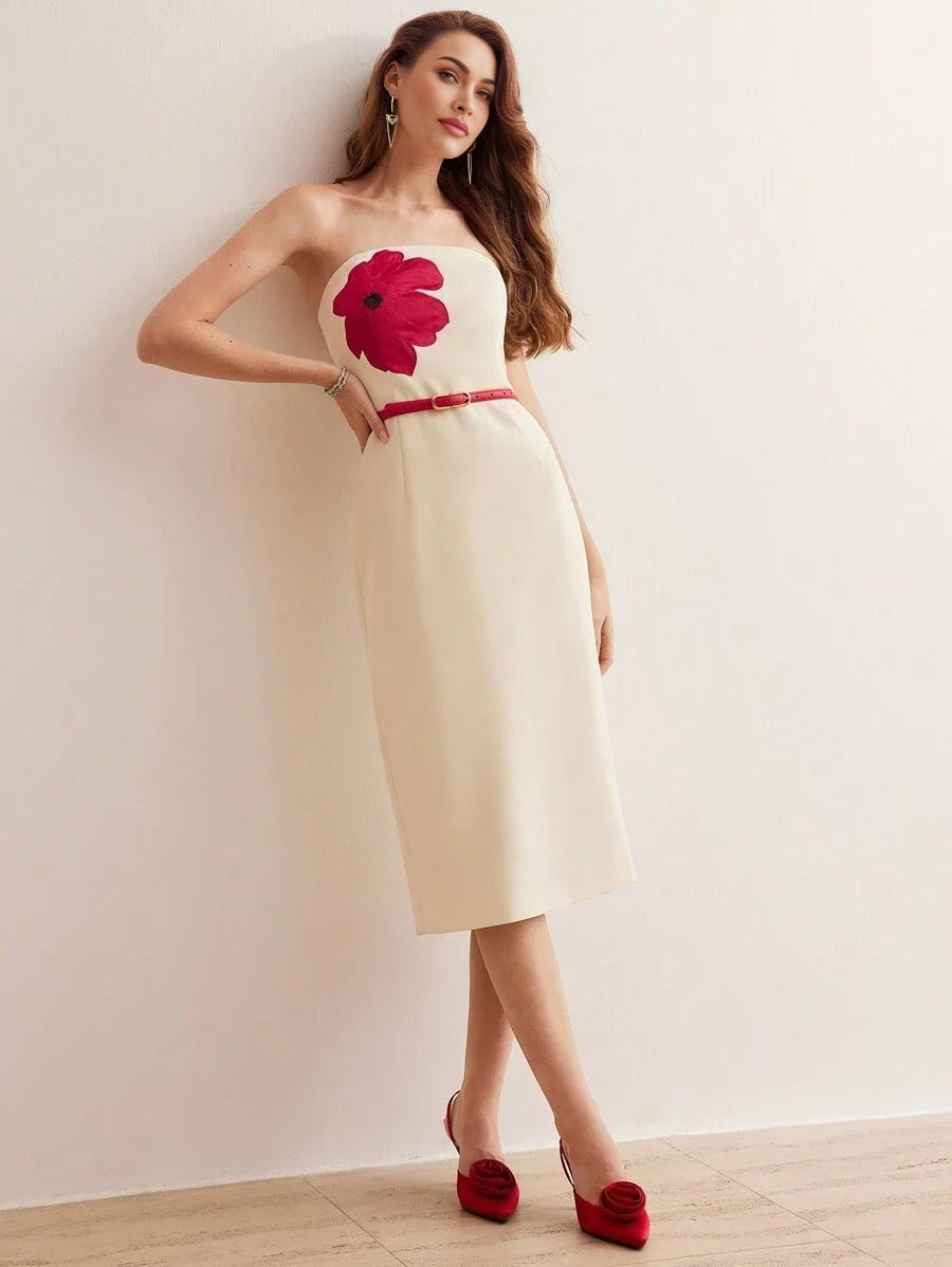 PREMIUM FLOWER EMBROIDERY BELT DRESS