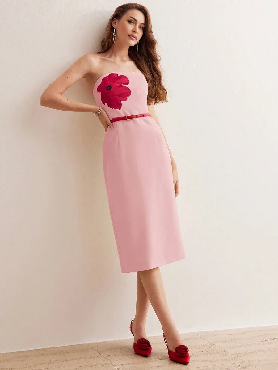 PREMIUM FLOWER EMBROIDERY BELT DRESS