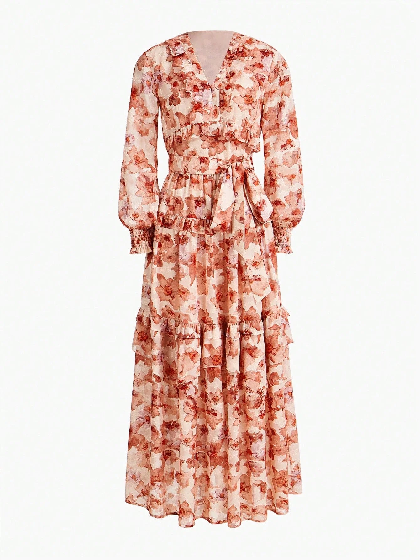 PREMIUM FLOWY FLORAL PRINTED RUFFLE TRIM DRESS