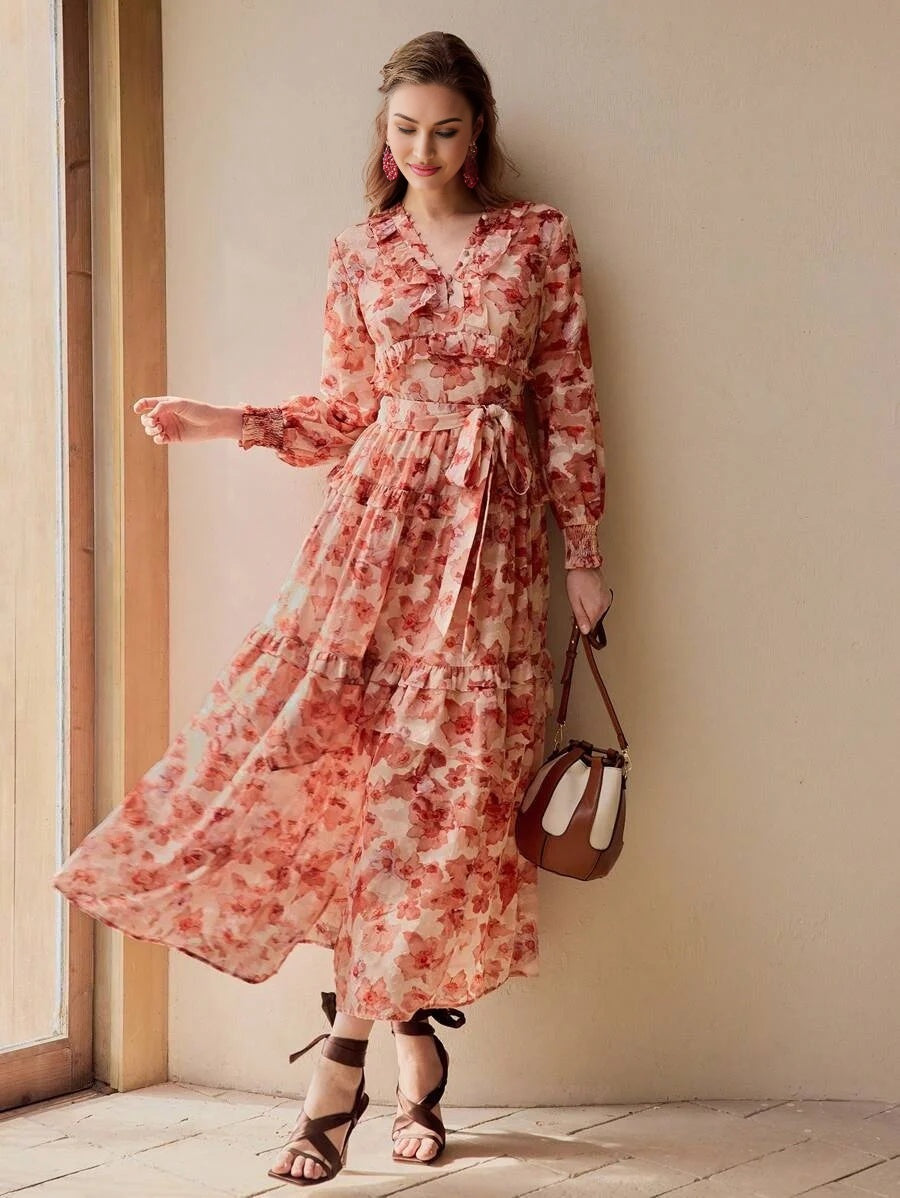 PREMIUM FLOWY FLORAL PRINTED RUFFLE TRIM DRESS
