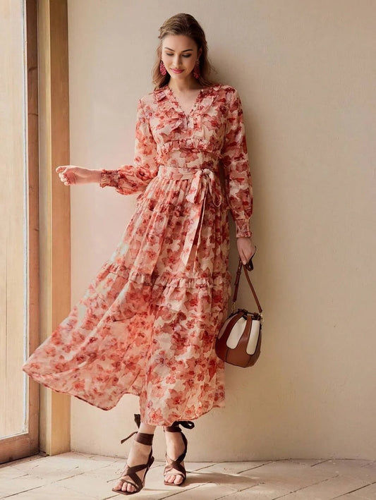 PREMIUM FLOWY FLORAL PRINTED RUFFLE TRIM DRESS