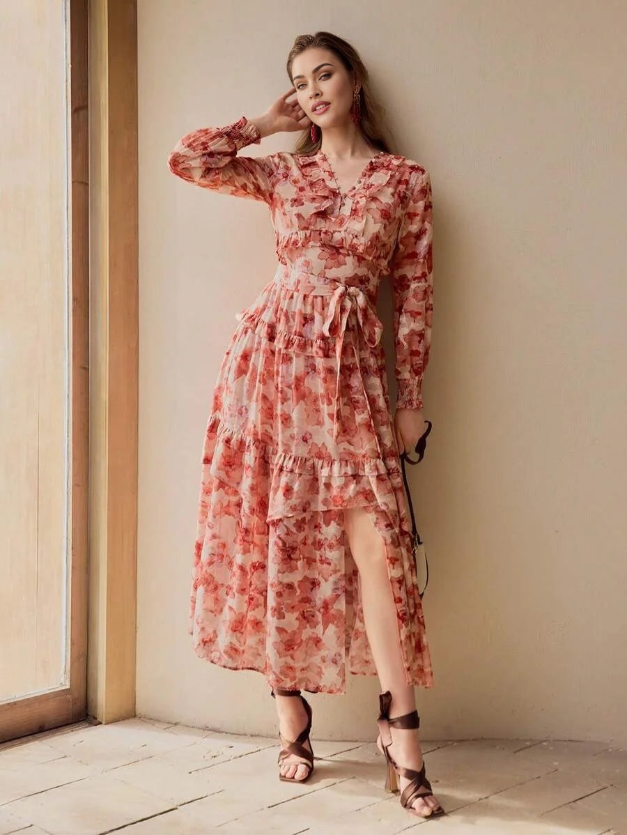 PREMIUM FLOWY FLORAL PRINTED RUFFLE TRIM DRESS