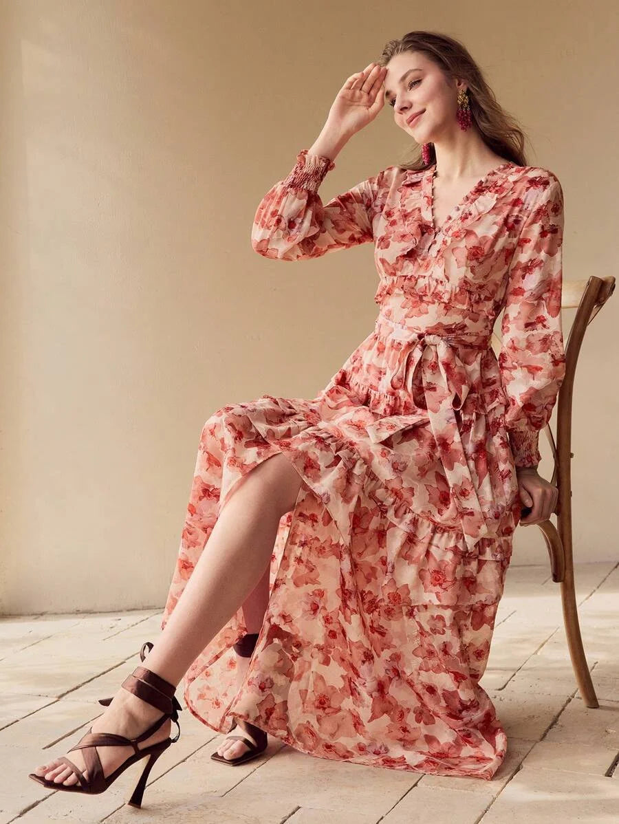 PREMIUM FLOWY FLORAL PRINTED RUFFLE TRIM DRESS