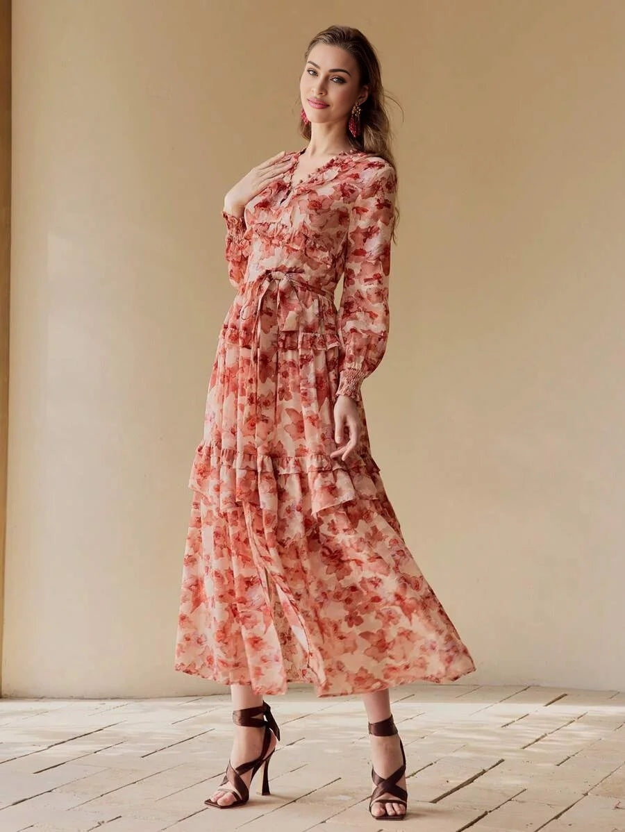 PREMIUM FLOWY FLORAL PRINTED RUFFLE TRIM DRESS