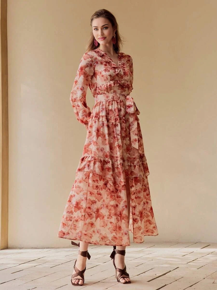 PREMIUM FLOWY FLORAL PRINTED RUFFLE TRIM DRESS