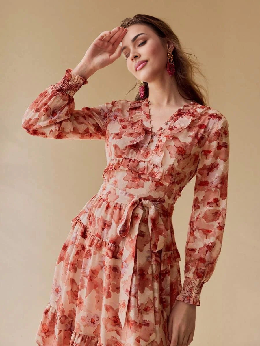 PREMIUM FLOWY FLORAL PRINTED RUFFLE TRIM DRESS