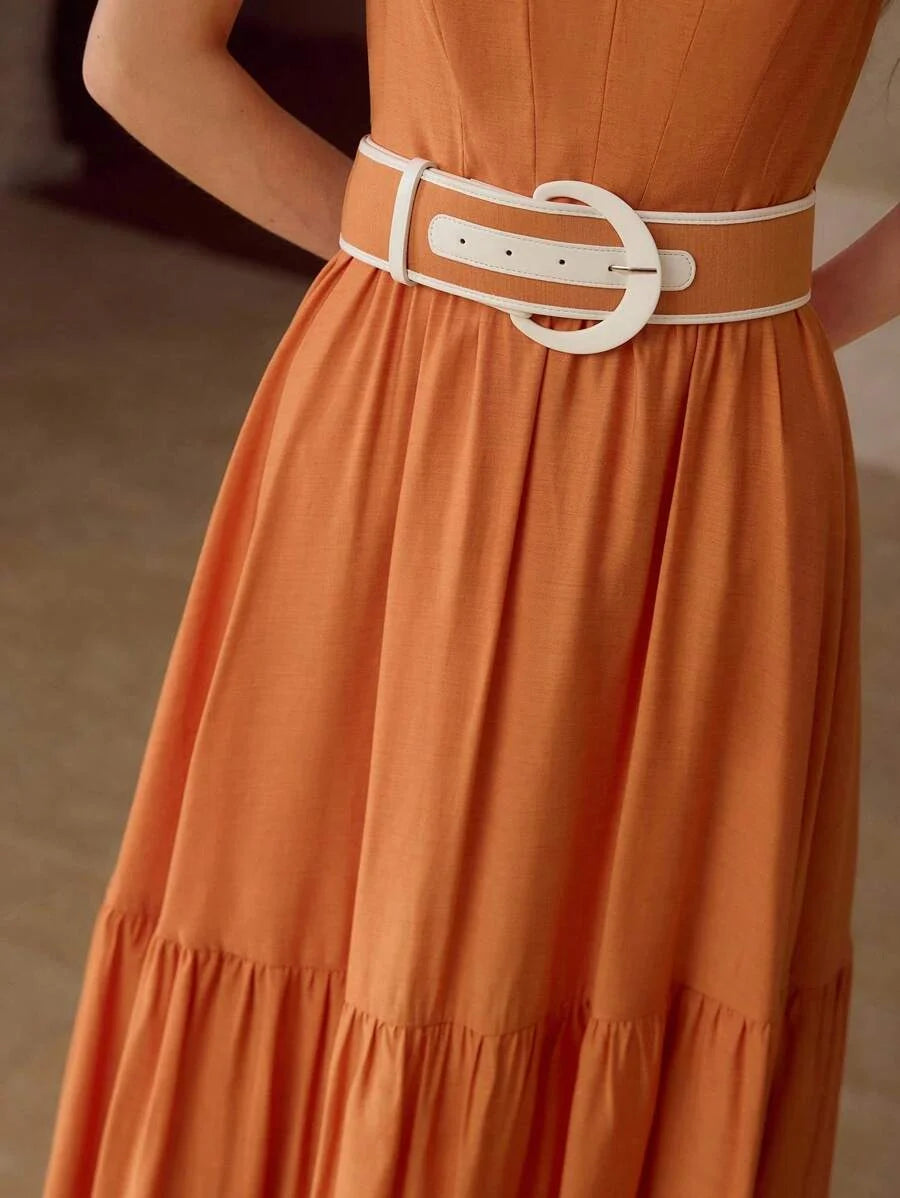 PREMIUM FRILL TRIM GATHERED SLEEVELESS DRESS