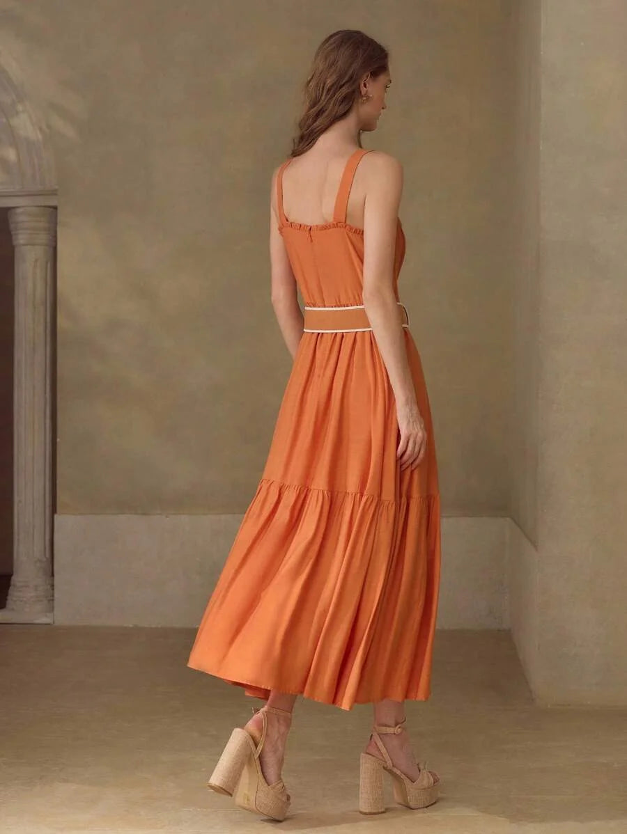 PREMIUM FRILL TRIM GATHERED SLEEVELESS DRESS