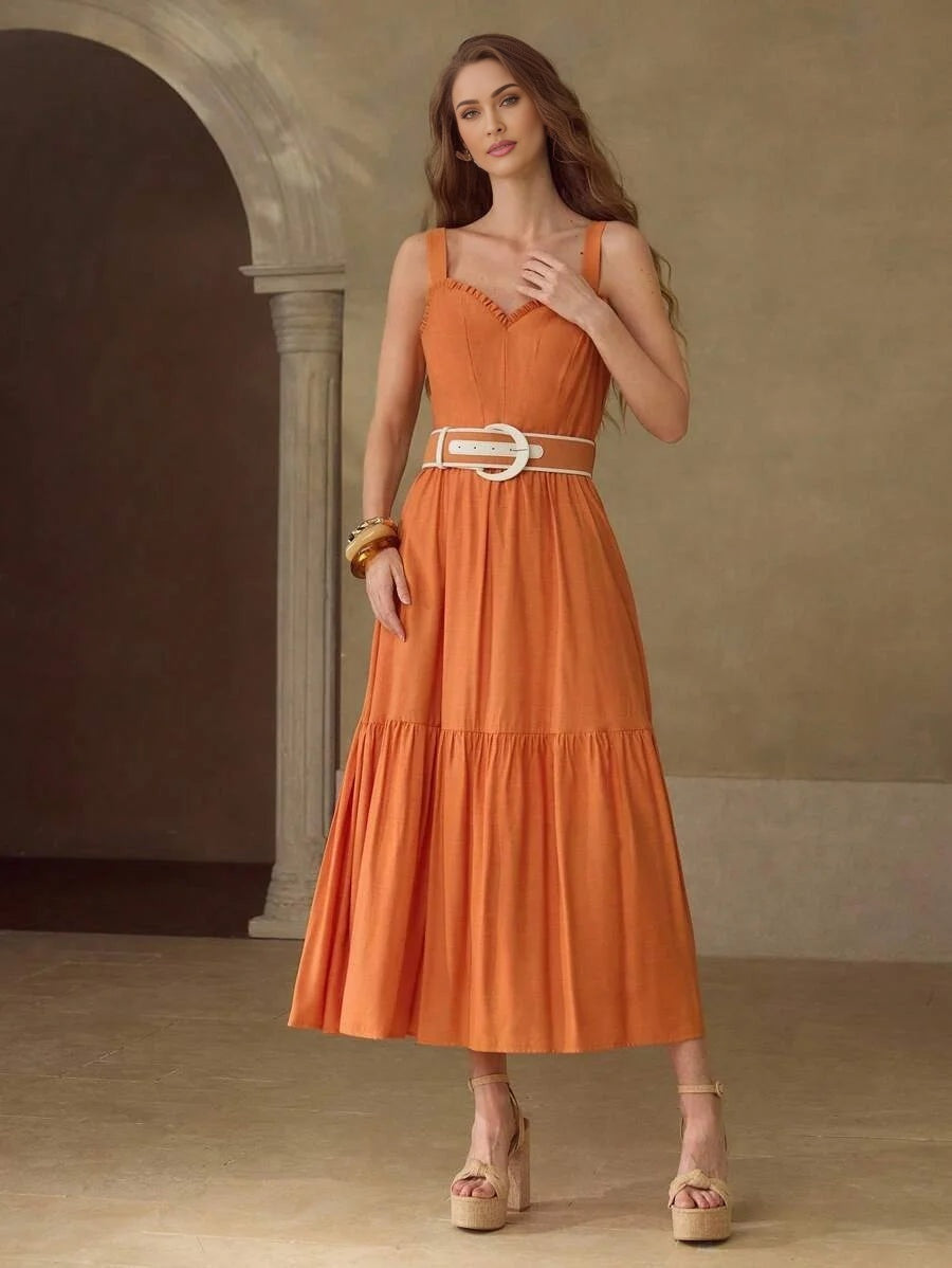 PREMIUM FRILL TRIM GATHERED SLEEVELESS DRESS