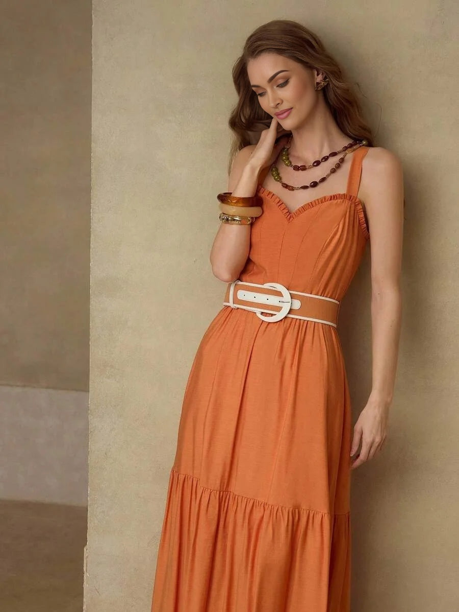 PREMIUM FRILL TRIM GATHERED SLEEVELESS DRESS