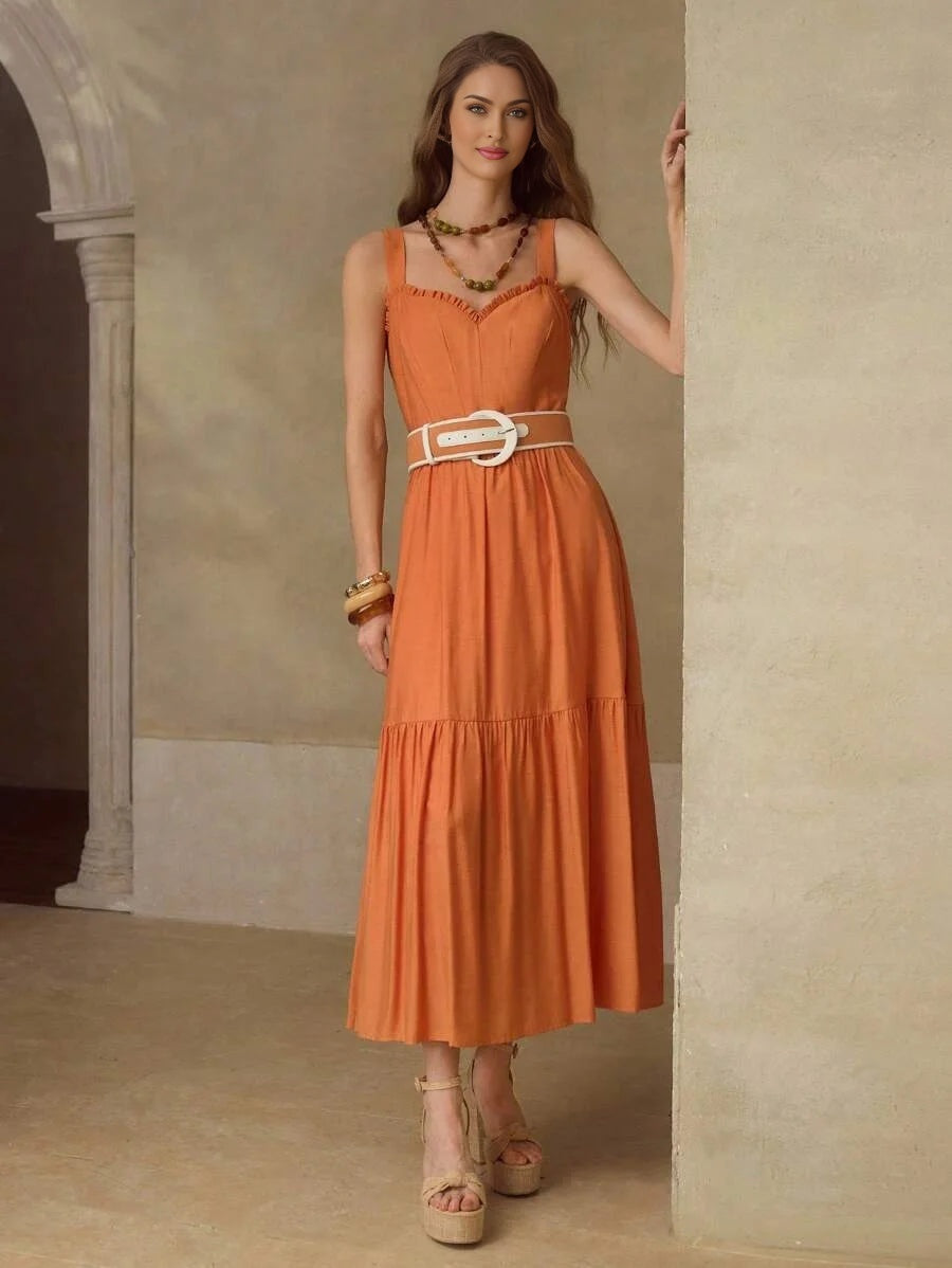 PREMIUM FRILL TRIM GATHERED SLEEVELESS DRESS