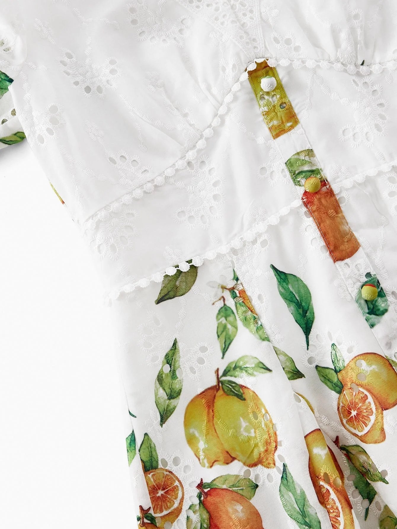 PREMIUM FRUIT PRINT EYELET EMBROIDERY DRESS