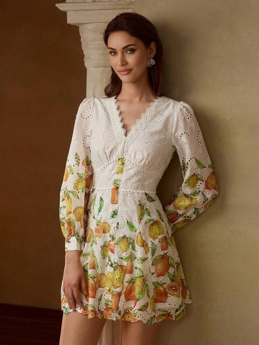 PREMIUM FRUIT PRINT EYELET EMBROIDERY DRESS